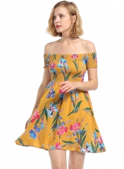 Summer Floral Printed Off The Shoulder Short Sleeve A-line Smocking Dress