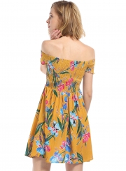 Summer Floral Printed Off The Shoulder Short Sleeve A-line Smocking Dress