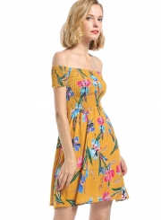 Summer Floral Printed Off The Shoulder Short Sleeve A-line Smocking Dress