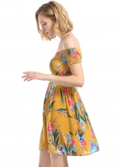 Summer Floral Printed Off The Shoulder Short Sleeve A-line Smocking Dress
