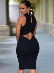 Sexy Solid Sleeveless High Neck Hollowed Out  Bodycon Dress
