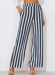 Casual Striped Straight Wide Leg Pants With Pockets