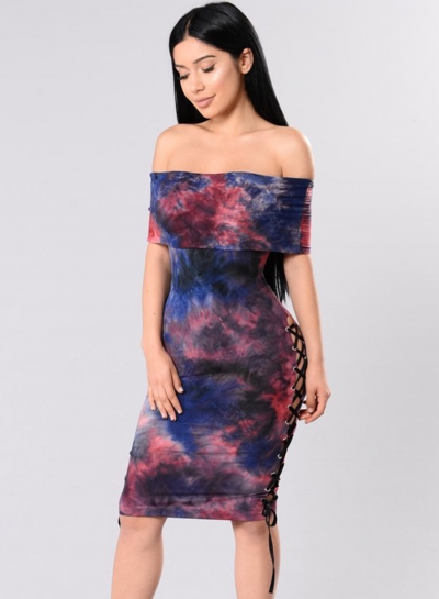 Fashion Sexy Floral Printed Slash Neck Side lace-up Bodycon Dress YOUYOUFASHIONEC.com