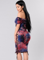 Fashion Sexy Floral Printed Slash Neck Side lace-up Bodycon Dress