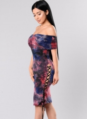Fashion Sexy Floral Printed Slash Neck Side lace-up Bodycon Dress