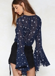 Sexy Mesh Star Long Flare Sleeve V Neck Front Knot Crop Top