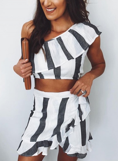 Casual Striped Ruffle One Shoulder Crop Top Waist Tie Short Skirt Set STYLESIMO.com