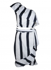 Casual Striped Ruffle One Shoulder Crop Top Waist Tie Short Skirt Set