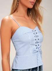 Casual Slim Striped Spaghetti Strap Backless Front Lace-up Tank