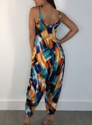 Fashion Printed Loose Ruffle Strap Sleeveless Round Neck Jumpsuit