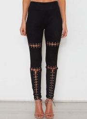 Fashion Slim Solid Lace-up Hollowed Out High Waist High Elasticity Pants
