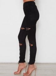 Fashion Slim Solid Lace-up Hollowed Out High Waist High Elasticity Pants