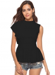 Irregular Ruffle Solid Sleeveless Mock Neck Pullover Blouse