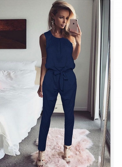 Summer Casual Slim Solid Sleeveless Waist Tie Jumpsuit LEXELFASHIONINTSHOPS.com