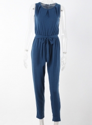 Summer Casual Slim Solid Sleeveless Waist Tie Jumpsuit