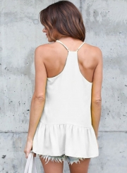 Summer Loose Solid Sleeveless Off The Shoulder Round Neck Ruffle Tank