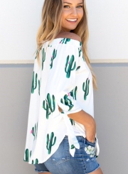 Summer Loose Floral Printed Off The Shoulder Lace-up 3/4 Sleeve Blouse