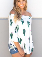 Summer Loose Floral Printed Off The Shoulder Lace-up 3/4 Sleeve Blouse