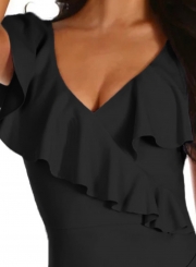 Sexy Gossip Black Frill V Neck Bodycon Sheath Dress For Women