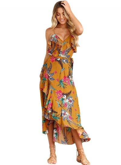 Mustard Ruffle Detail Tropical Floral Sundress