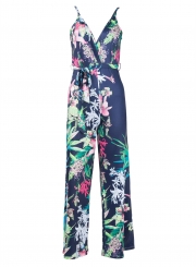 Summer Floral Printed Spaghetti Strap V Neck Wide Leg Jumpsuit