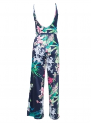 Summer Floral Printed Spaghetti Strap V Neck Wide Leg Jumpsuit