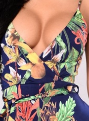 Summer Floral Printed Spaghetti Strap V Neck Wide Leg Jumpsuit