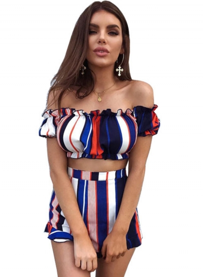 Sexy Striped Slash Neck Short Sleeve Crop Top High Waist Shorts Set YOUYOUFASHIONEC.com