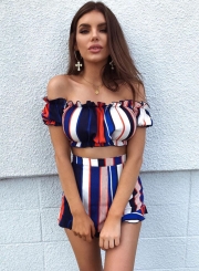 Sexy Striped Slash Neck Short Sleeve Crop Top High Waist Shorts Set