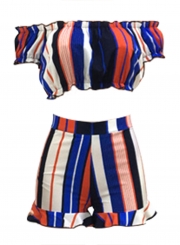 Sexy Striped Slash Neck Short Sleeve Crop Top High Waist Shorts Set