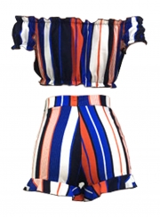 Sexy Striped Slash Neck Short Sleeve Crop Top High Waist Shorts Set