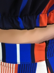 Sexy Striped Slash Neck Short Sleeve Crop Top High Waist Shorts Set