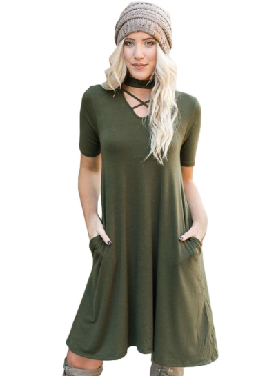 Casual Solid Short Sleeve Criss Cross Neck Dress With Pockets YOUYOUFASHIONEC.com