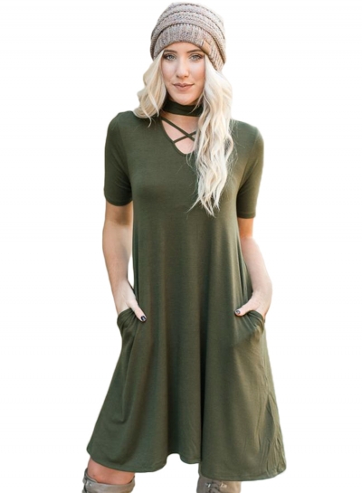 Casual Solid Short Sleeve Criss Cross Neck Dress With Pockets STYLESIMO.com