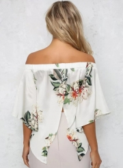 Fashion Floral Printed Half Sleeve Off The Shoulder Women Slit Blouse