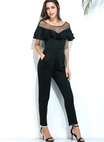 Sexy Slim Solid Mesh Spicing Ruffle Round Neck High Waist Jumpsuit LEXELFASHIONINTSHOPS.com