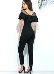 Sexy Slim Solid Mesh Spicing Ruffle Round Neck High Waist Jumpsuit