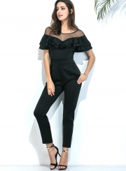 Sexy Slim Solid Mesh Spicing Ruffle Round Neck High Waist Jumpsuit