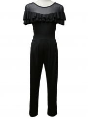 Sexy Slim Solid Mesh Spicing Ruffle Round Neck High Waist Jumpsuit