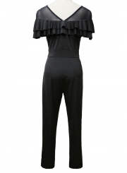 Sexy Slim Solid Mesh Spicing Ruffle Round Neck High Waist Jumpsuit