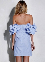 Sexy Slim Striped Slash Neck Off The Shoulder Petal Sleeve Women Dress