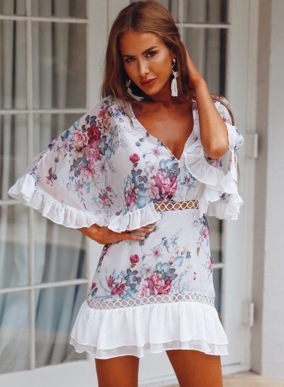 Sexy Hollowed Out Floral Butterfly Sleeve V Neck Ruffle Hem Dress
