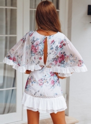 Sexy Hollowed Out Floral Butterfly Sleeve V Neck Ruffle Hem Dress
