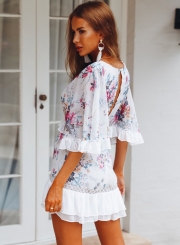 Sexy Hollowed Out Floral Butterfly Sleeve V Neck Ruffle Hem Dress