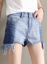 Casual Irregular Tassel Zipper Fly Denim Straight Shorts With Pockets