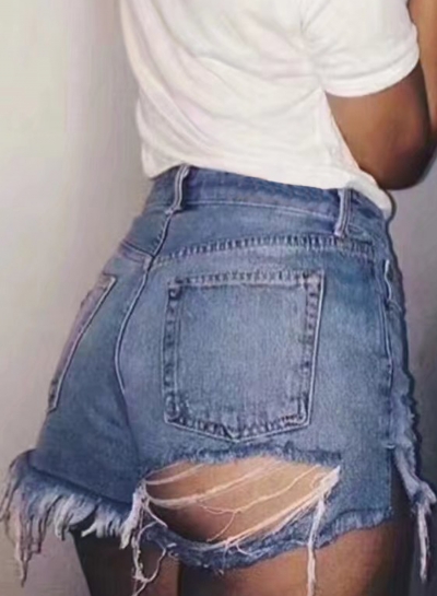 Denim Ripped Burrs High Waist Zipper Fly Mooning Hot Shorts With Pockets