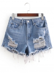 Denim Ripped Burrs High Waist Zipper Fly Mooning Hot Shorts With Pockets