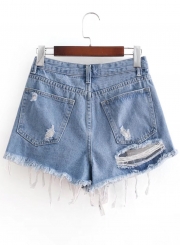 Denim Ripped Burrs High Waist Zipper Fly Mooning Hot Shorts With Pockets