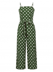 Polka Dots Spaghetti Strap Waist Tie Wide Leg Pockets Jumpsuit