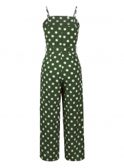 Polka Dots Spaghetti Strap Waist Tie Wide Leg Pockets Jumpsuit